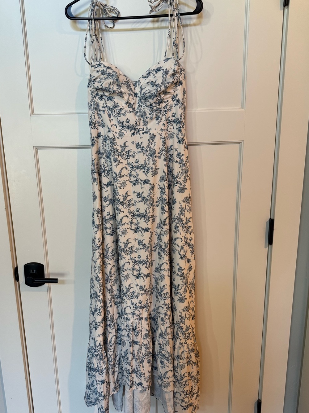 Floral Tie-Shoulder Maxi Dress — Cream with Blue Floral